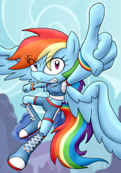 Size: 1400x2000 | Tagged: safe, artist:flash equestria photography, rainbow dash, mobian, pegasus, anthro, g4, breasts, female, grin, pointing, smiling, solo, sonic the hedgehog, sonic the hedgehog (series), sonicified