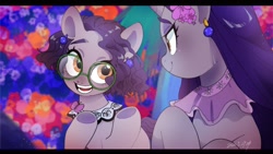 Size: 1920x1080 | Tagged: safe, artist:potetecyu_to, earth pony, pony, unicorn, black background, crossover, duo, duo female, ear piercing, earring, encanto, female, glasses, horn, isabela madrigal, jewelry, looking at each other, looking at someone, mare, mirabel madrigal, piercing, ponified, simple background, underhoof