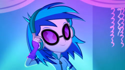 Size: 3410x1920 | Tagged: safe, screencap, dj pon-3, vinyl scratch, human, equestria girls, g4, my little pony equestria girls: summertime shorts, raise this roof, female, headphones, high res, smiling, solo