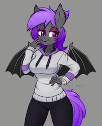 Size: 1298x1602 | Tagged: safe, artist:handgunboi, oc, oc only, oc:amethyst gear, bat pony, anthro, bat wings, clothes, commission, ear piercing, earring, female, gray background, hoodie, jewelry, piercing, simple background, solo, wings