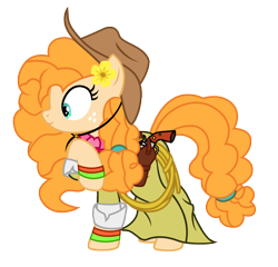 Size: 2022x1941 | Tagged: safe, artist:power of justice!sans, artist:third uncle, edit, pear butter, earth pony, pony, g4, clothes, cowboy hat, cowgirl, dress, female, flower, flower in hair, gun, handgun, hat, mare, revolver, rope, simple background, solo, transparent background, vector, weapon