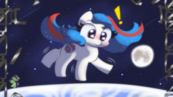Size: 3840x2160 | Tagged: safe, artist:cushyhoof, oc, oc:filly anon, oc:nasapone, earth pony, pony, 4k, blushing, cute, dark background, earth, ethereal mane, exclamation point, female, filly, floating, high res, mare, moon, phone drawing, scrunchy face, space, stars, surreal, zero gravity