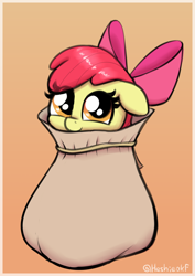 Size: 1062x1497 | Tagged: safe, artist:heretichesh, apple bloom, earth pony, pony, g4, adorabloom, bag, cute, female, filly, foal, looking at you, orange background, pony in a bag, sack, simple background, smiling, solo