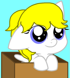 Size: 575x633 | Tagged: safe, artist:piggyman54, surprise, pegasus, pony, g1, g4, adoraprise, base used, blue background, born, box, cardboard box, cute, cyan background, female, filly, filly surprise, foal, g1 to g4, generation leap, one ear down, pony in a box, simple background, solo