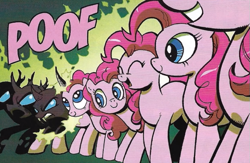 Size: 583x380 | Tagged: safe, artist:andypriceart, edit, idw, pinkie pie, changeling, earth pony, pony, g4, the return of queen chrysalis, spoiler:comic01, angry, clone, cropped, disguise, disguised changeling, fangs, female, horn, mare, pinkie clone, poof, shapeshifting, smiling, transformation