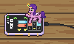 Size: 500x300 | Tagged: safe, artist:nitobit, pipp petals, pegasus, pony, g5, charger, dancing, female, game, mare, micro, phone, pipp is short, pixel art, solo, table