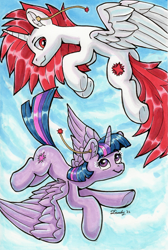 Size: 1799x2676 | Tagged: safe, artist:dandy, twilight sparkle, oc, oc:ryoku memori, alicorn, pony, g4, alicorn oc, butt, commission, copic, duo, ear fluff, ear piercing, earring, flying, horn, jewelry, looking at each other, looking at someone, piercing, plot, sky, traditional art, twilight sparkle (alicorn), wings
