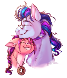 Size: 1224x1421 | Tagged: safe, artist:notsosmartsmarty, argyle starshine, sunny starscout, earth pony, pony, g5, spoiler:g5, bust, cuddling, duo, eyes closed, father and child, father and daughter, female, looking at each other, male, portrait, simple background, smiling, smiling at each other, white background