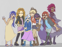 Size: 2048x1536 | Tagged: safe, artist:metaruscarlet, adagio dazzle, applejack, minuette, sunset shimmer, tempest shadow, trixie, twilight sparkle, human, g4, 2022, applejack's hat, belt, blue background, book, boots, clothes, cowboy hat, dark skin, dress, female, flannel, grin, hat, hoodie, humanized, jacket, leather jacket, lesbian, light skin, lightly tanned skin, minixie, moderate dark skin, one eye closed, open mouth, peace sign, polyamory, poncho, sandals, scarf, ship:suntrix, ship:tempestrix, ship:twixie, shipping, shoes, short, shorts, simple background, size difference, skirt, smiling, socks, spiked wristband, sweater, triagio, tripplejack, trixie gets all the mares, wristband