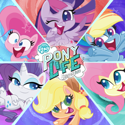 Size: 3000x3000 | Tagged: safe, applejack, fluttershy, pinkie pie, rainbow dash, rarity, twilight sparkle, alicorn, earth pony, pegasus, pony, unicorn, g4.5, my little pony: pony life, official, female, high res, itunes, mane six, mare, my little pony logo, twilight sparkle (alicorn)