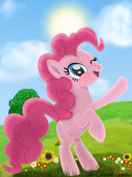 Size: 1280x1707 | Tagged: safe, artist:thedarktercio, pinkie pie, earth pony, pony, g4, bipedal, cloud, cute, female, flower, one eye closed, open mouth, open smile, rearing, smiling, solo, sun, sunflower, wink