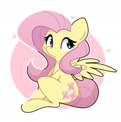 Size: 2176x2192 | Tagged: safe, artist:kindakismet, fluttershy, pegasus, pony, g4, blushing, female, full body, heart, high res, looking back, mare, simple background, sitting, solo, spread wings, white background, wings