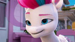 Size: 600x338 | Tagged: safe, screencap, zipp storm, pegasus, pony, g5, my little pony: make your mark, my little pony: make your mark chapter 1, spoiler:my little pony: make your mark, animated, female, gif, mare, raised eyebrow, smiling, solo