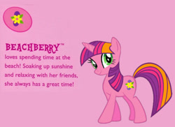 Size: 1042x759 | Tagged: safe, artist:pagiepoppie12345, beachberry (g4), pony, unicorn, g4, cutie mark, female, flower, horn, mare, pink background, simple background, smiling, text