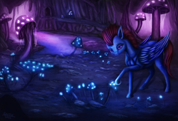 Size: 4610x3135 | Tagged: safe, artist:seven9988, oc, oc only, oc:scarlet sky, pegasus, pony, cave, glowing, mushroom, river, scenery, solo, water
