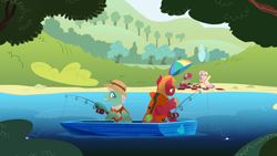 Size: 3840x2160 | Tagged: safe, anonymous artist, big macintosh, fluttershy, gentle breeze, posey shy, earth pony, pegasus, pony, series:fm holidays, g4, 4k, beach umbrella, boat, book, family, father and son-in-law, father's day, female, fishing, fishing hook, fishing rod, hat, high res, hoof hold, hook, lifejacket, lineless, male, mare, mother and child, mother and daughter, no pupils, picnic blanket, reading, ship:fluttermac, shipping, smiling, stallion, straight, waving
