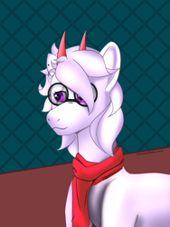 Size: 2400x3200 | Tagged: safe, artist:circumflexs, oc, oc:tesla hronum, pony, clothes, ear piercing, glasses, high res, horn, multiple horns, piercing, scarf, simple background, solo, white coat, white mane