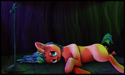 Size: 5601x3380 | Tagged: safe, artist:ceugenese, earth pony, pony, blue hair, female, gray eyes, lying down, mare, microphone, on side, red coat, solo, spotlight, stage, tongue out
