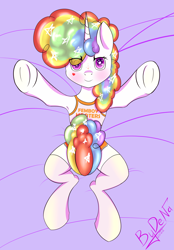 Size: 1700x2448 | Tagged: safe, artist:bydena, pony, unicorn, bed, clothes, femboy, femboy hooters, horn, hug, male, multicolored hair, on bed, panties, purple background, purple eyes, rainbow hair, shirt, simple background, socks, solo, t-shirt, underwear