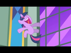 Size: 640x480 | Tagged: safe, screencap, twilight sparkle, pony, unicorn, g4, season 1, the cutie mark chronicles, anatomically incorrect, cute, excited, eyes closed, female, filly, filly twilight sparkle, foal, funny, incorrect leg anatomy, open mouth, twiabetes, volumetric mouth, window, younger