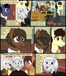 Size: 1280x1475 | Tagged: safe, artist:mr100dragon100, oc, oc:thomas the wolfpony, bat pony, earth pony, pegasus, pony, unicorn, comic:a house divided, adam (frankenstein monster), comic, dark forest au's dr. jekyll and mr. hyde, dark forest au's dracula, dark forest au's matthew, dark forest au's phantom of the opera (erik), griffin (character), wagon