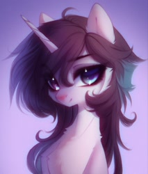 Size: 1458x1708 | Tagged: oc name needed, safe, artist:shenki, oc, oc only, hybrid, pony, unicorn, bust, cheek fluff, chest fluff, ear fluff, eye clipping through hair, eyebrows, eyebrows visible through hair, eyelashes, female, gradient background, horn, looking at you, mare, portrait, smiling, smiling at you, solo, unicorn oc