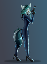 Size: 2568x3500 | Tagged: safe, artist:coffeez, oc, oc only, oc:vasilisa, anthro, ass, butt, colored sketch, commission, female, glasses, gun, high heels, high res, latex, latex suit, mare, shoes, sketch, solo, weapon