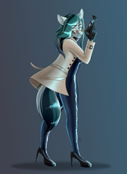 Size: 2568x3500 | Tagged: safe, alternate version, artist:coffeez, oc, oc only, oc:vasilisa, anthro, clothes, colored sketch, commission, female, glasses, gun, high heels, high res, latex, latex suit, mare, shoes, sketch, solo, trenchcoat, weapon
