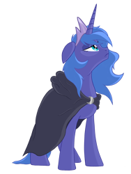 Size: 3072x4096 | Tagged: safe, artist:gaiusmaximiliano, princess luna, alicorn, pony, g4, cloak, clothes, crown, ears back, female, frown, full body, high res, hooves, horn, jewelry, lidded eyes, mare, regalia, s1 luna, sad, simple background, solo, standing, transparent background