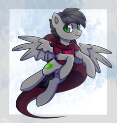 Size: 950x1000 | Tagged: artist needed, safe, oc, oc:dante fly, pegasus, pony, undead, vampire, clothes, cloud, eye clipping through hair, flying, god tier, half bat pony, hero of heart, homestuck, jacket, male, sky, solo, stallion, wings