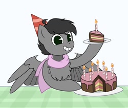 Size: 1600x1350 | Tagged: artist needed, safe, oc, oc:dante fly, undead, vampire, birthday, birthday cake, cake, clothes, food, half bat pony, male, scarf, simple background, table, white background