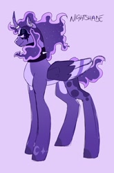 Size: 1546x2349 | Tagged: safe, artist:gothalite, oc, oc only, oc:nightshade, alicorn, pony, alicorn oc, choker, female, horn, makeup, mare, purple background, simple background, smiling, solo, spiked choker, wings
