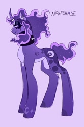 Size: 1546x2349 | Tagged: safe, alternate version, artist:gothalite, oc, oc only, oc:nightshade, pony, unicorn, choker, female, horn, makeup, mare, purple background, simple background, smiling, solo, spiked choker, unicorn oc