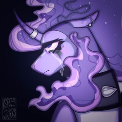 Size: 2000x2000 | Tagged: safe, artist:gothalite, oc, oc only, oc:nightshade, pony, bust, choker, crying, ear piercing, earring, eyelashes, female, high res, horn, horn ring, jewelry, mare, piercing, ring, solo, spiked choker