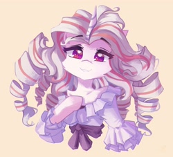 Size: 3375x3062 | Tagged: oc name needed, safe, artist:saxopi, oc, oc only, earth pony, unicorn, semi-anthro, arm hooves, beige background, bipedal, bust, cheek fluff, chest fluff, clothes, commission, curls, curly mane, dress, eyebrows, eyebrows visible through hair, eyelashes, female, high res, hoof on chest, horn, looking at you, simple background, smiling, smiling at you, solo, unicorn oc