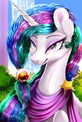 Size: 1500x2250 | Tagged: safe, artist:darksly, princess celestia, alicorn, pony, g4, alternate hairstyle, bedroom eyes, clothes, cute, eyeshadow, female, makeup, mare, scarf, solo
