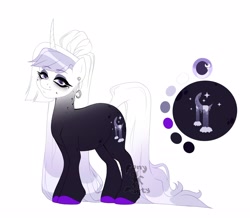 Size: 3280x2855 | Tagged: safe, artist:p0ny-party, oc, oc only, oc:lullaby shadows, pony, unicorn, black coat, color palette, colored hooves, cutie mark, ear piercing, earring, eyeshadow, female, gradient eyes, gradient mane, gradient tail, high res, jewelry, lidded eyes, makeup, mare, mascara, multicolored mane, piercing, reference sheet, simple background, solo, tail, white background
