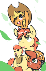 Size: 870x1354 | Tagged: safe, artist:creamyogurt, apple bloom, applejack, big macintosh, bright mac, earth pony, pony, g4, adorabloom, apple siblings, apple sisters, baby, baby apple bloom, brother and sister, cute, father, father and child, father and daughter, father and son, female, hat, jackabetes, macabetes, male, one eye closed, open mouth, open smile, pacifier, siblings, simple background, sisters, smiling, younger