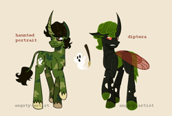 Size: 1480x999 | Tagged: safe, artist:angsty-artist, oc, oc only, oc:diptera, oc:haunted portrait, changeling, pony, unicorn, changeling oc, coat markings, curved horn, cutie mark, disguise, disguised changeling, green changeling, horn, leonine tail, mullet, paintbrush, ponysona, raised hoof, reference sheet, solo, tail, three quarter view, unshorn fetlocks