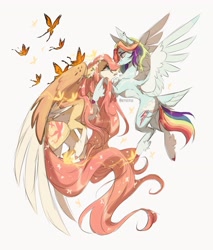 Size: 3034x3564 | Tagged: safe, artist:iheyyasyfox, fluttershy, rainbow dash, butterfly, pegasus, pony, g4, crying, duo, ear piercing, earring, floral head wreath, flower, flying, high res, jewelry, piercing, sad, spread wings, teary eyes, winged hooves, wings
