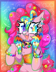 Size: 3220x4096 | Tagged: safe, artist:tinykiru, pinkie pie, earth pony, pony, g4, bracelet, chest fluff, choker, colorful, coontails, ear piercing, earring, fangs, happy, jewelry, looking at you, necklace, needs more saturation, nose piercing, nose ring, piercing, smiley face, smiling, smiling at you, solo, spiked choker, wingding eyes