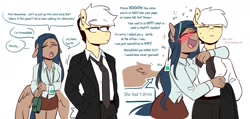Size: 1418x677 | Tagged: safe, artist:redxbacon, oc, oc only, oc:note clip, oc:pawn patrol, earth pony, pegasus, anthro, blushing, blushing profusely, clothes, dialogue, drunk, duo, eyes closed, female, go home you're drunk, looking away, simple background, suit, white background, wings
