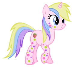Size: 649x593 | Tagged: safe, edit, holly dash, pony, unicorn, g4, background pony, body markings, dots, female, food, freckles, hollybetes, mare, rainbow power, rainbow power-ified, simple background, smiling, spotted, strawberry, toy interpretation, transparent background