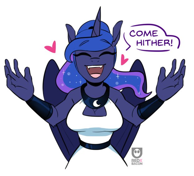 2890818 - safe, artist:redxbacon, part of a set, princess luna, alicorn,  anthro, g4, adorasexy, boob window, bracer, breasts, bronybait, busty  princess luna, cleavage, clothes, come hither, cute, cute little fangs,  dress, eyes