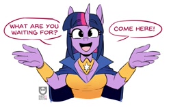 Size: 814x512 | Tagged: safe, artist:redxbacon, part of a set, twilight sparkle, alicorn, anthro, g4, adorasexy, bracer, breasts, bronybait, busty twilight sparkle, cape, cleavage, clothes, cute, dress, hug, hug request, incoming hug, looking at you, open mouth, open smile, peytral, sexy, smiling, solo, talking to viewer, twiabetes