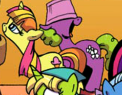 Size: 392x308 | Tagged: safe, artist:andypriceart, edit, idw, bittersweet (g4), daisy, flower wishes, sweetcream scoops, trixie, earth pony, pony, unicorn, g4, micro-series #3, my little pony micro-series, spoiler:comic, bedroom eyes, cropped, female, flower, food, hat, horn, ice cream, katie cook, lampshade, lampshade hat, mare, smiling