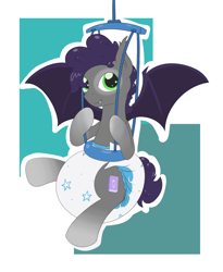 Size: 2112x2572 | Tagged: safe, artist:vitriolink, oc, oc:sharp point, bat pony, pony, :t, baby bouncer, cute, cute little fangs, diaper, diaper fetish, diapered, fangs, fetish, high res, juneteenth, male, non-baby in diaper, poofy diaper, white diaper