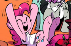 Size: 428x279 | Tagged: safe, artist:andy price, edit, idw, official comic, lyra heartstrings, octavia melody, pinkie pie, earth pony, pony, unicorn, g4, micro-series #3, my little pony micro-series, spoiler:comic, apple, basket, bowtie, cropped, eyes closed, female, food, hooves in air, lying down, mare, on back, raised hoof, smiling