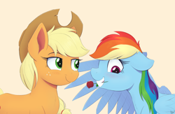 Size: 2026x1319 | Tagged: safe, artist:arcane-thunder, applejack, rainbow dash, earth pony, pegasus, pony, g4, blushing, duo, female, floppy ears, flower, flower in mouth, lesbian, mare, mouth hold, nervous, rose, rose in mouth, ship:appledash, shipping, simple background, smiling