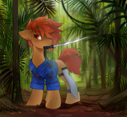 Size: 2600x2400 | Tagged: oc name needed, safe, artist:zlatavector, oc, oc only, earth pony, pony, clothes, commission, high res, jungle, machete, male, mouth hold, solo, stallion, weapon